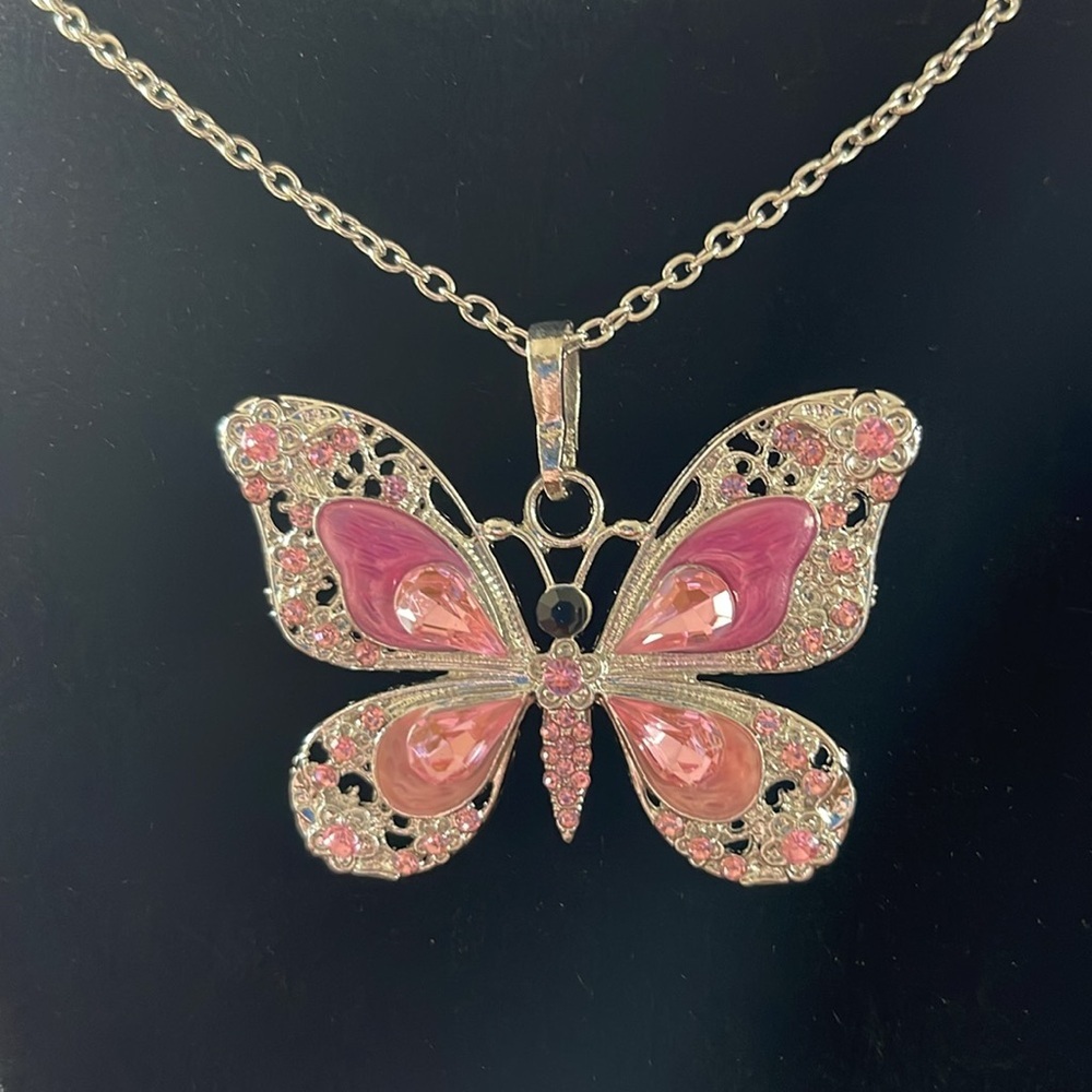 Pink and Silver Butterfly 🦋 Necklace - Picture 1 of 4